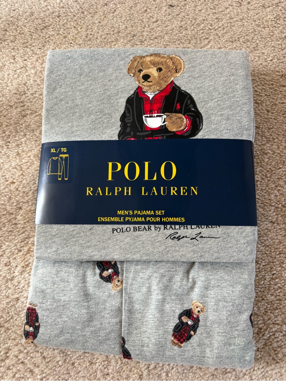 NEW Polo by Ralph Lauren Men’s Grey Polo Bear Pajama Set with Red & Black Accent